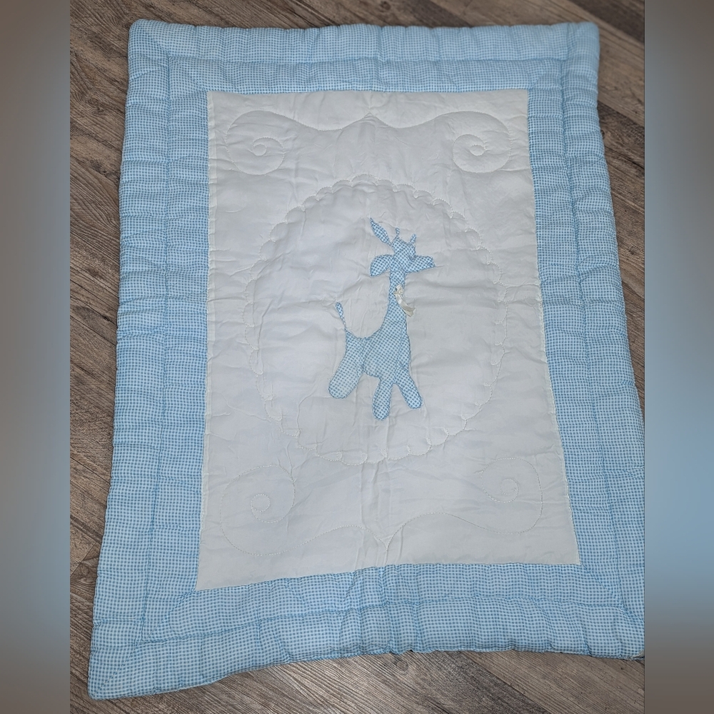 Kozee Komfort Crib Quilt Vintage Decron Filling Blue White Gingham Giraffe Silky